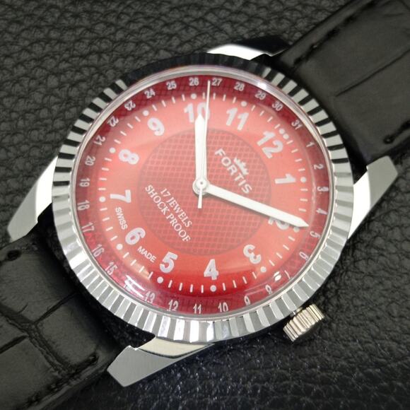Vintage 1988 Fortis Manual Mens Silver Watch W/Leather Strap & Red accents - Picture 6 of 9